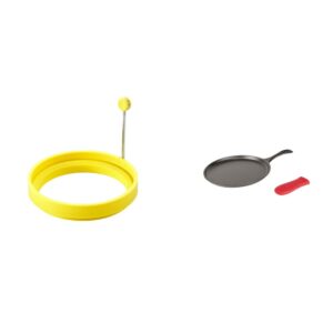 lodge 10.5 inch seasoned cast iron griddle and hot handle holder with yellow silicone egg ring