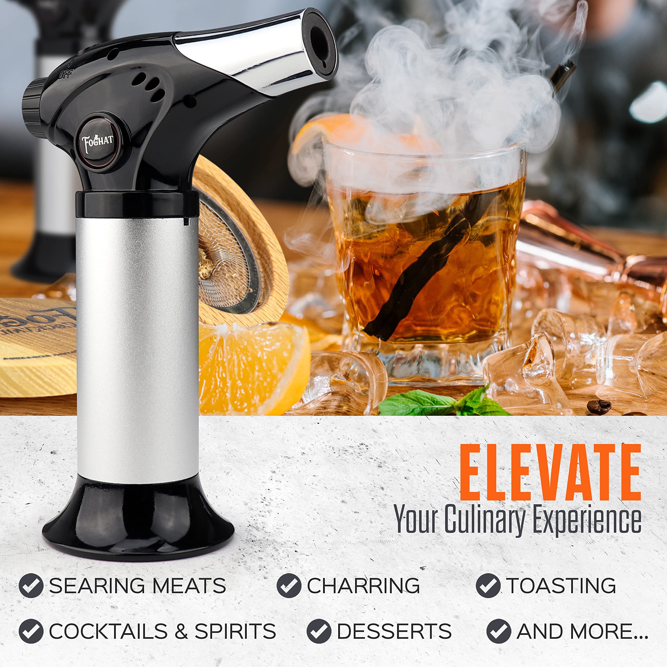 Foghat Cocktail Smoker Torch for Smoked Cocktails and Cooking - Handheld Refillable Culinary Butane Kitchen Blow Torch Lighter Gun, Creme Brulee Torch