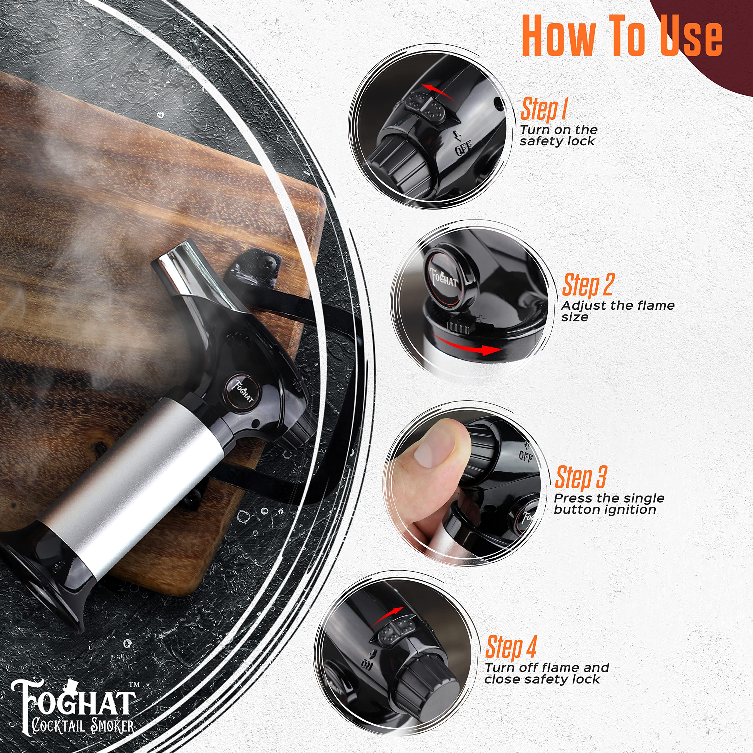 Foghat Cocktail Smoker Torch for Smoked Cocktails and Cooking - Handheld Refillable Culinary Butane Kitchen Blow Torch Lighter Gun, Creme Brulee Torch