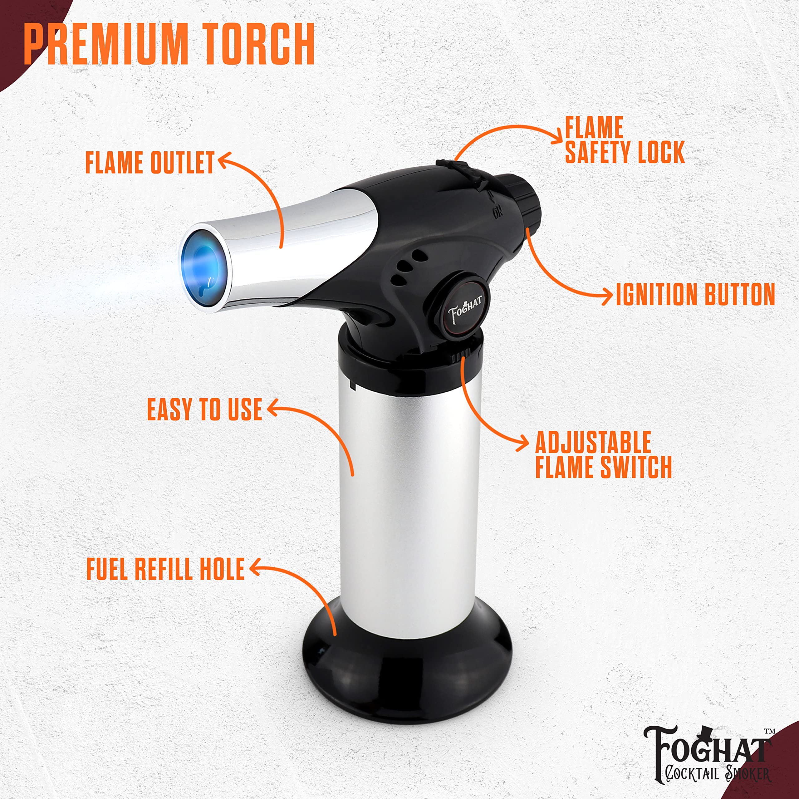 Foghat Cocktail Smoker Torch for Smoked Cocktails and Cooking - Handheld Refillable Culinary Butane Kitchen Blow Torch Lighter Gun, Creme Brulee Torch