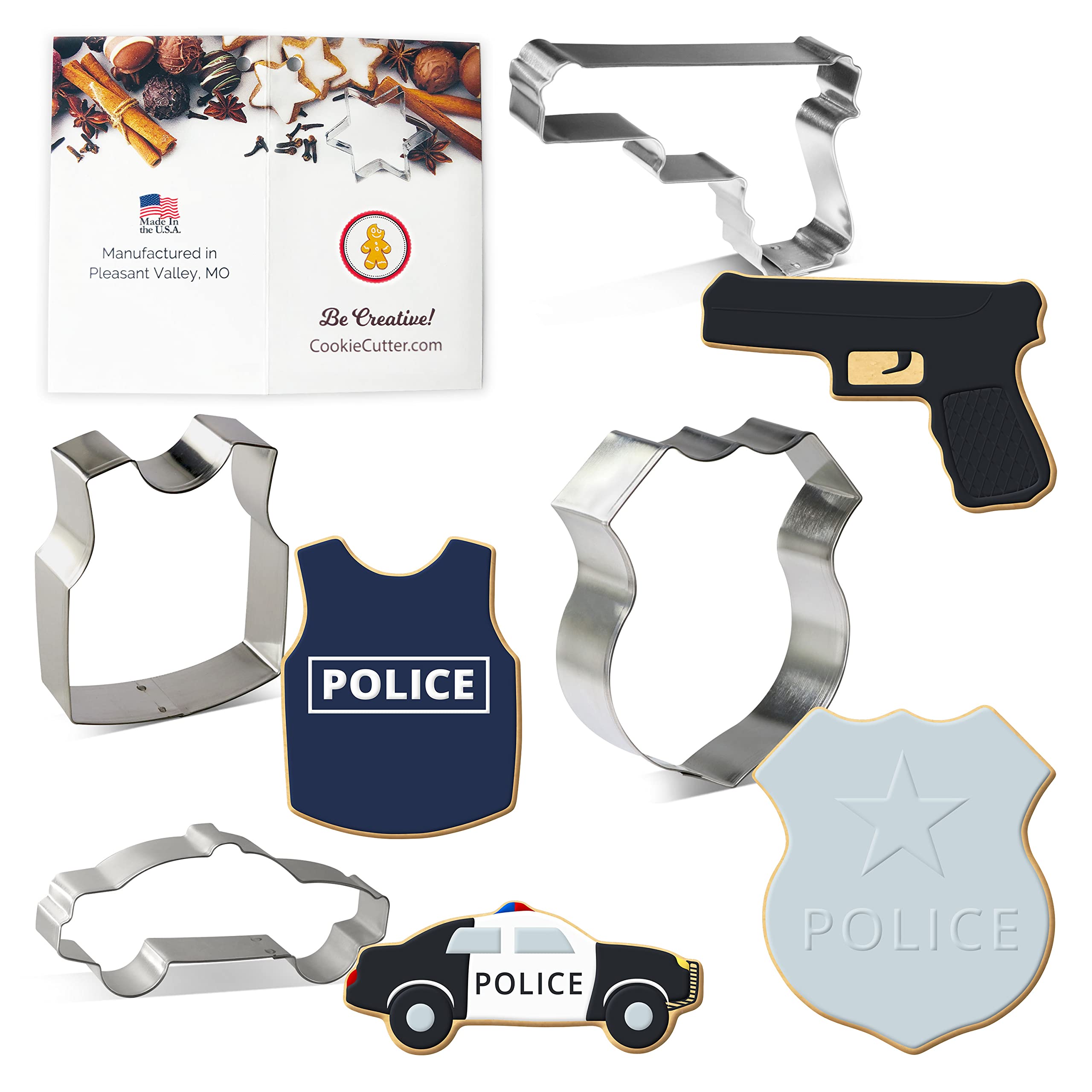 Foose Cookie Cutters Police 4 Piece Set - 4.25 in Police Badge, 4 in Police Car, 4 in Hand Gun, 3.5 in Bullet Proof Vest, Hand Made in the USA