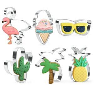 crethinkaty 6 pieces summer cookie cutters set for baking - flamingo,palm tree,pineapple,ice cream,cactus and glasses shape stainless steel aroma beads biscuit/pastry cutter