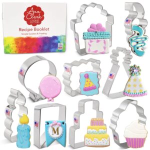 birthday cookie cutters 9-pc. set made in usa by ann clark, cake, candle, present, birthday hat, plaque and more