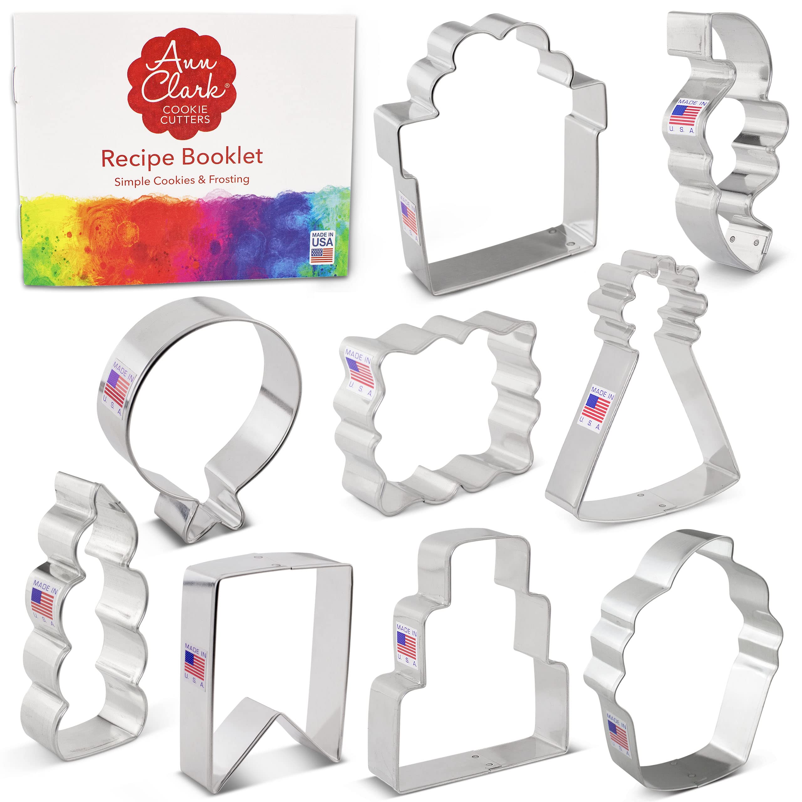 Birthday Cookie Cutters 9-Pc. Set Made in USA by Ann Clark, Cake, Candle, Present, Birthday Hat, Plaque and more