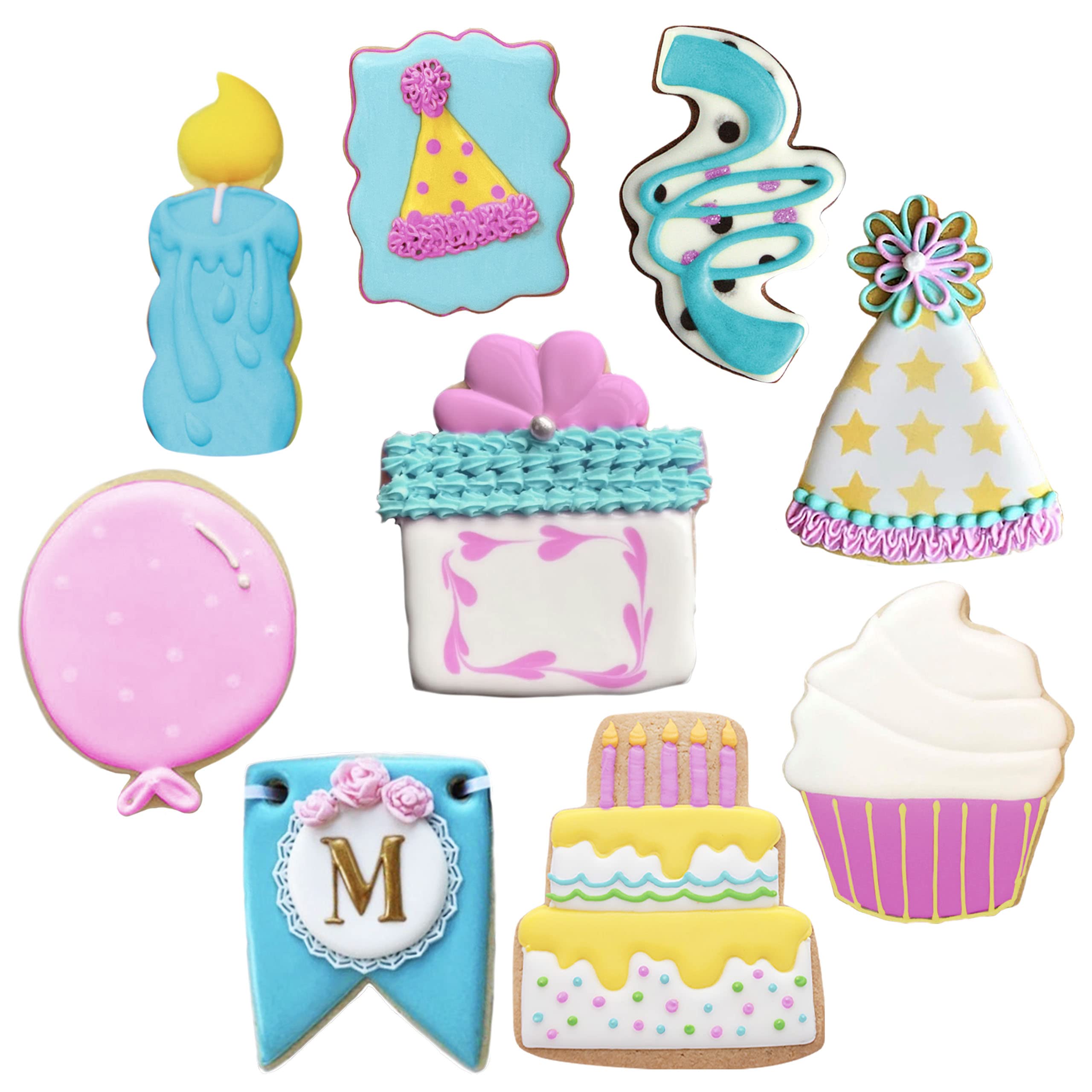 Birthday Cookie Cutters 9-Pc. Set Made in USA by Ann Clark, Cake, Candle, Present, Birthday Hat, Plaque and more