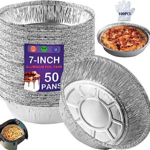 50 Pack 7-Inch Round Aluminum Foil Pans, Disposable Tin Cake Pie Pans, Foil Liners for Air Fryer, Food Containers for Storage, Baking, Roasting, Meal Prep, Reheating