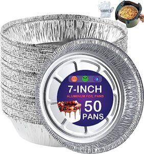 50 pack 7-inch round aluminum foil pans, disposable tin cake pie pans, foil liners for air fryer, food containers for storage, baking, roasting, meal prep, reheating