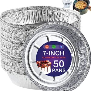 50 Pack 7-Inch Round Aluminum Foil Pans, Disposable Tin Cake Pie Pans, Foil Liners for Air Fryer, Food Containers for Storage, Baking, Roasting, Meal Prep, Reheating