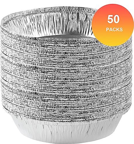 50 Pack 7-Inch Round Aluminum Foil Pans, Disposable Tin Cake Pie Pans, Foil Liners for Air Fryer, Food Containers for Storage, Baking, Roasting, Meal Prep, Reheating