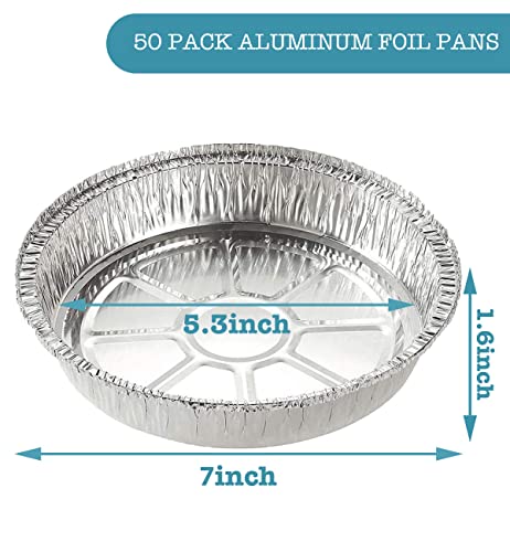 50 Pack 7-Inch Round Aluminum Foil Pans, Disposable Tin Cake Pie Pans, Foil Liners for Air Fryer, Food Containers for Storage, Baking, Roasting, Meal Prep, Reheating