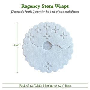 Regency Wraps Fabric Covers for The Bases of Stemmed Glasses, Absorbent and Disposable Stem Wraps, Fits up to 3.25" Base Glasses, White, Pack of 12