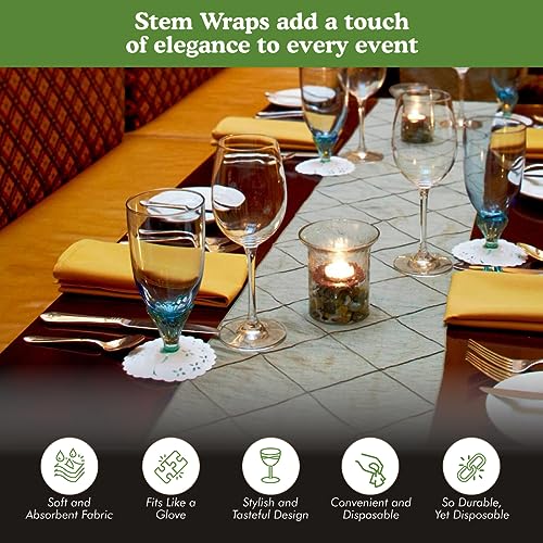 Regency Wraps Fabric Covers for The Bases of Stemmed Glasses, Absorbent and Disposable Stem Wraps, Fits up to 3.25" Base Glasses, White, Pack of 12