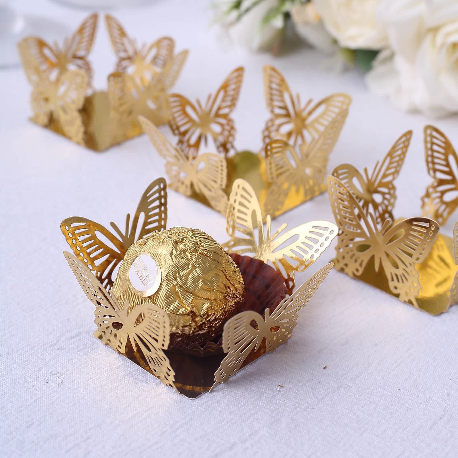 Efavormart 50 Pack | 4" Mini Metallic Gold Butterfly Truffle Cup Dessert Liners, Square Cupcake Tray Wrappers - 225GSM