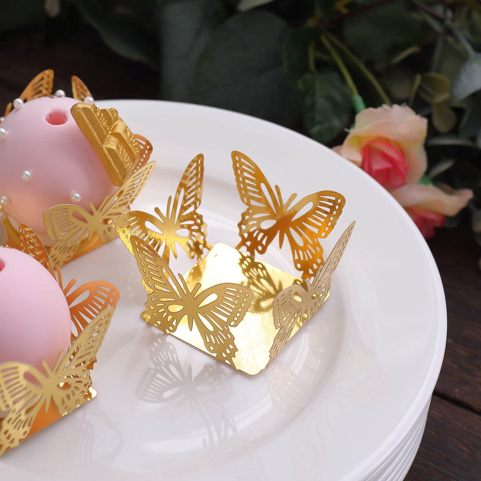 Efavormart 50 Pack | 4" Mini Metallic Gold Butterfly Truffle Cup Dessert Liners, Square Cupcake Tray Wrappers - 225GSM