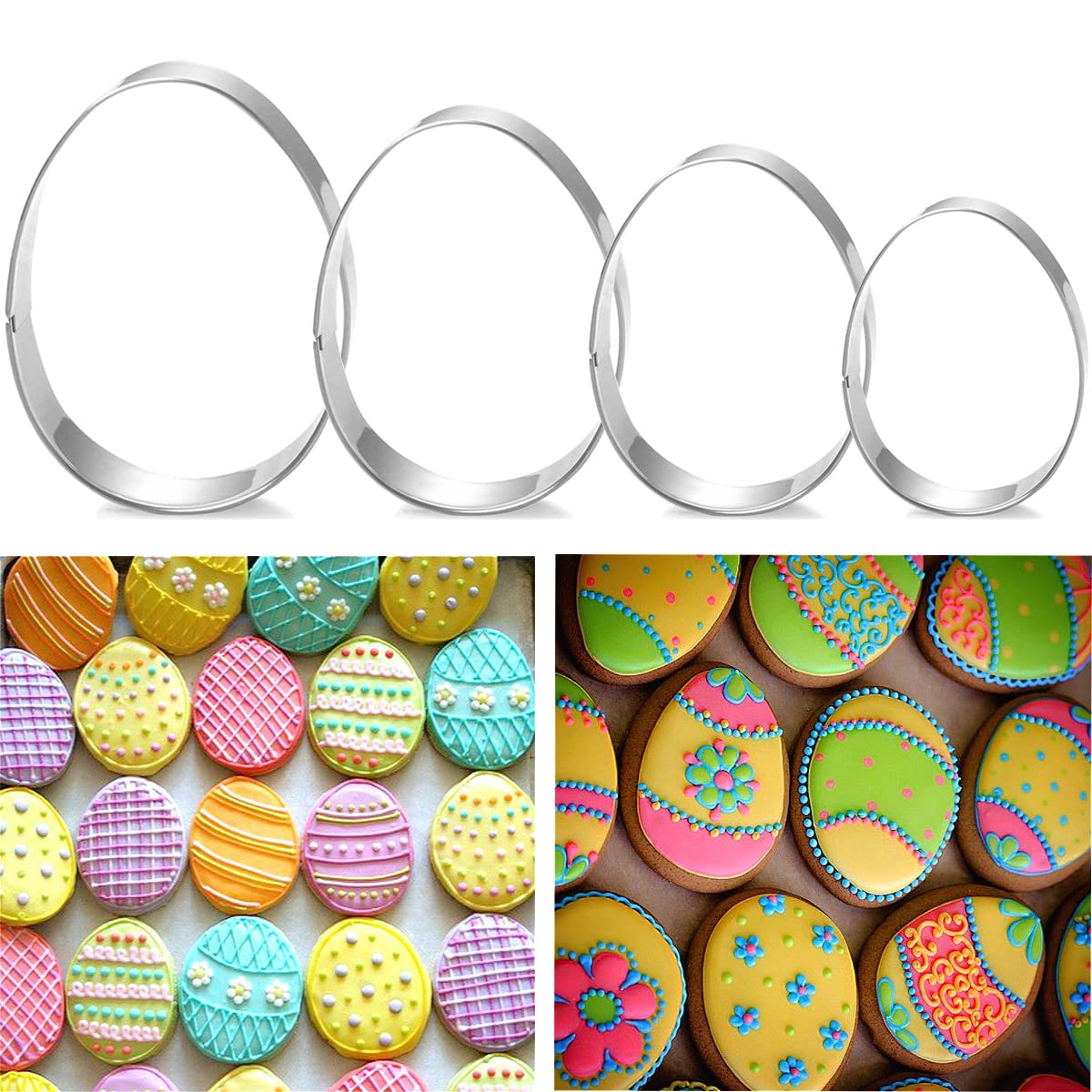 Easter Egg Cookie Cutter Set - 4 Piece - 4", 3 3/8", 2 1/2", 2" - Egg Shaped Cookie Cutters, Stainless Steel Biscuit Pastry Cutters