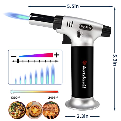 Hotdevil Butane Torch 9g Refillable Tank Kitchen Blow Torch Lighter/w Safety Lock Adjustable Flame Fit All Butane Cartridge Cooking Torch for BBQ Creme Brulee Dessert Baking (Butane Gas Not Include)