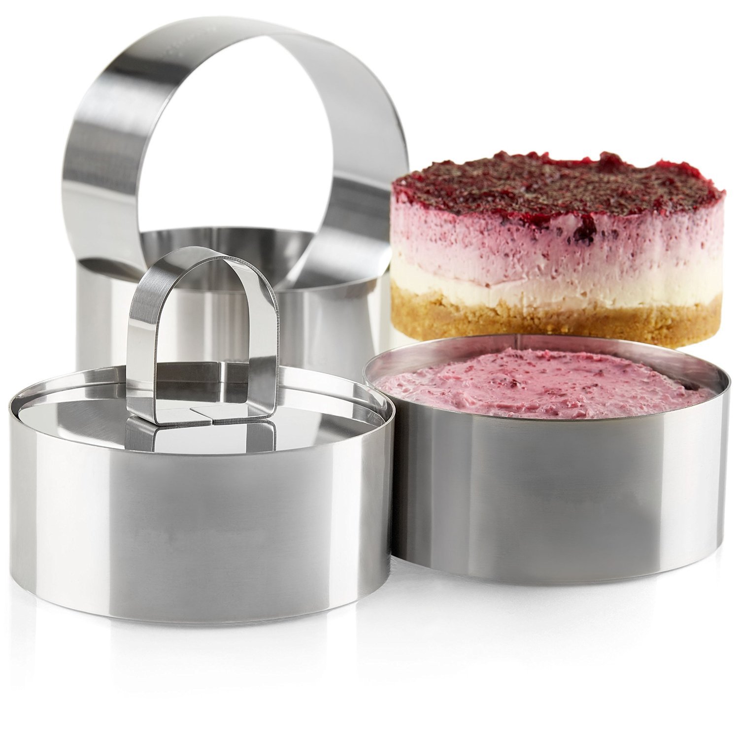 Uncle Jack Professional Stainless Steel Food Tower Presentation Cooking Rings with Food Press-Round Forms(Set of 2)