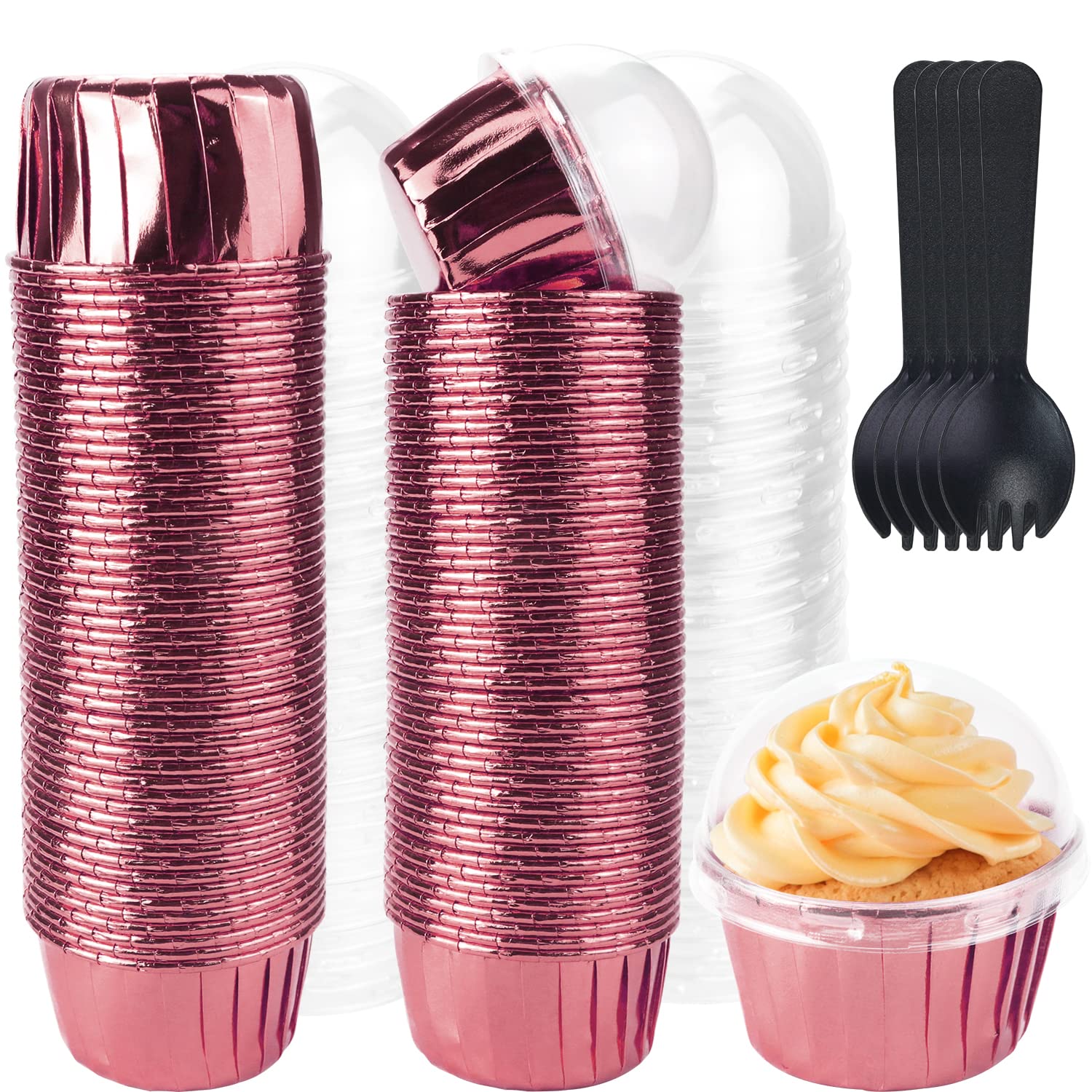 GothaBach 100 Sets 3.5oz Cupcake Liners with Dome Lids,Foil Baking Cups,Disposable Muffin Tin Cupcake Wrappers (Rose gold)