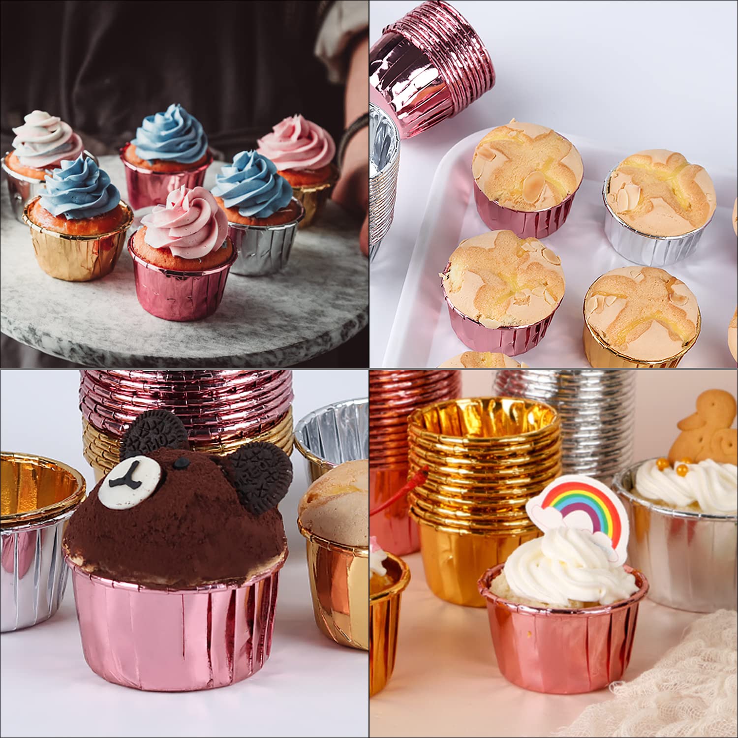 GothaBach 100 Sets 3.5oz Cupcake Liners with Dome Lids,Foil Baking Cups,Disposable Muffin Tin Cupcake Wrappers (Rose gold)