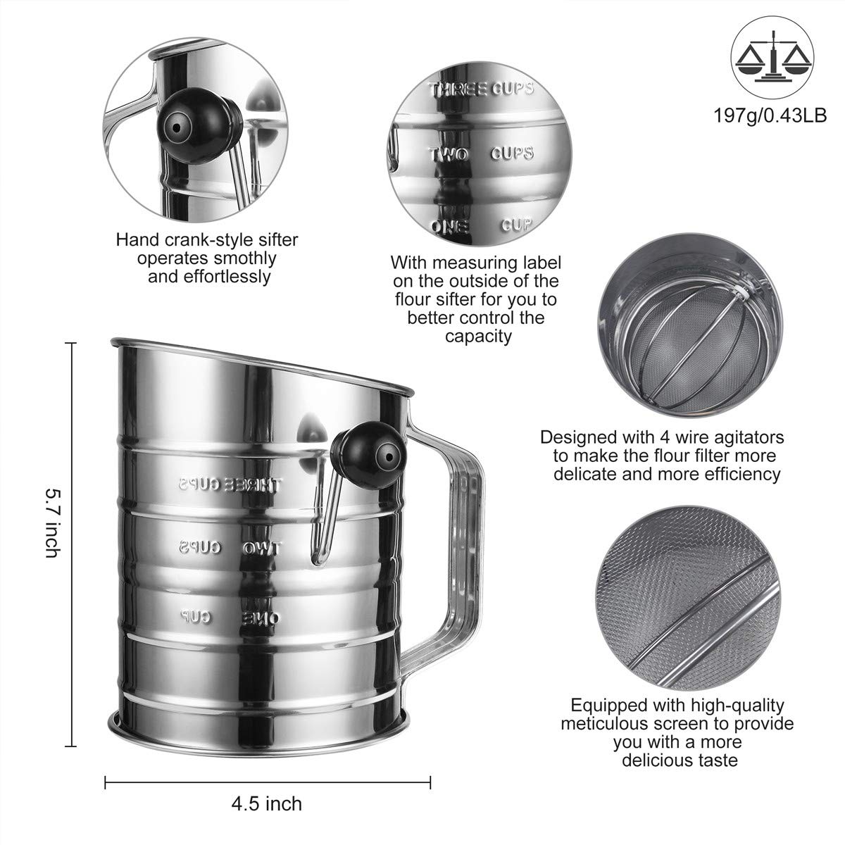 Flour Sifter for Baking Stainless Steel 3 Cup with 4 Wire Agitator Rotary Hand Crank 16 Fine Mesh Screen,Corrosion Resistant Baking Sieve Cup