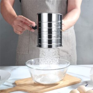 Flour Sifter for Baking Stainless Steel 3 Cup with 4 Wire Agitator Rotary Hand Crank 16 Fine Mesh Screen,Corrosion Resistant Baking Sieve Cup