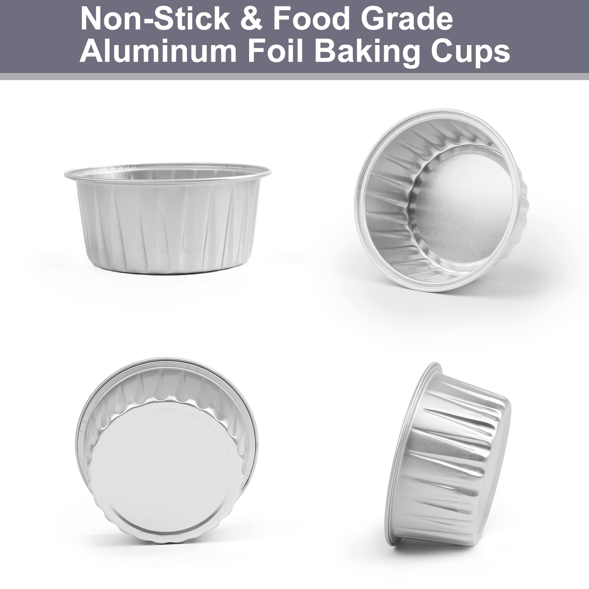 LotFancy Aluminum Foil Cupcake Baking Cups with Lids and Spoons, 5oz/125ml, 50 Pack Disposable Creme Brulee Ramekins, Oven Safe Mini Cake Tins Muffin Cups, Silver
