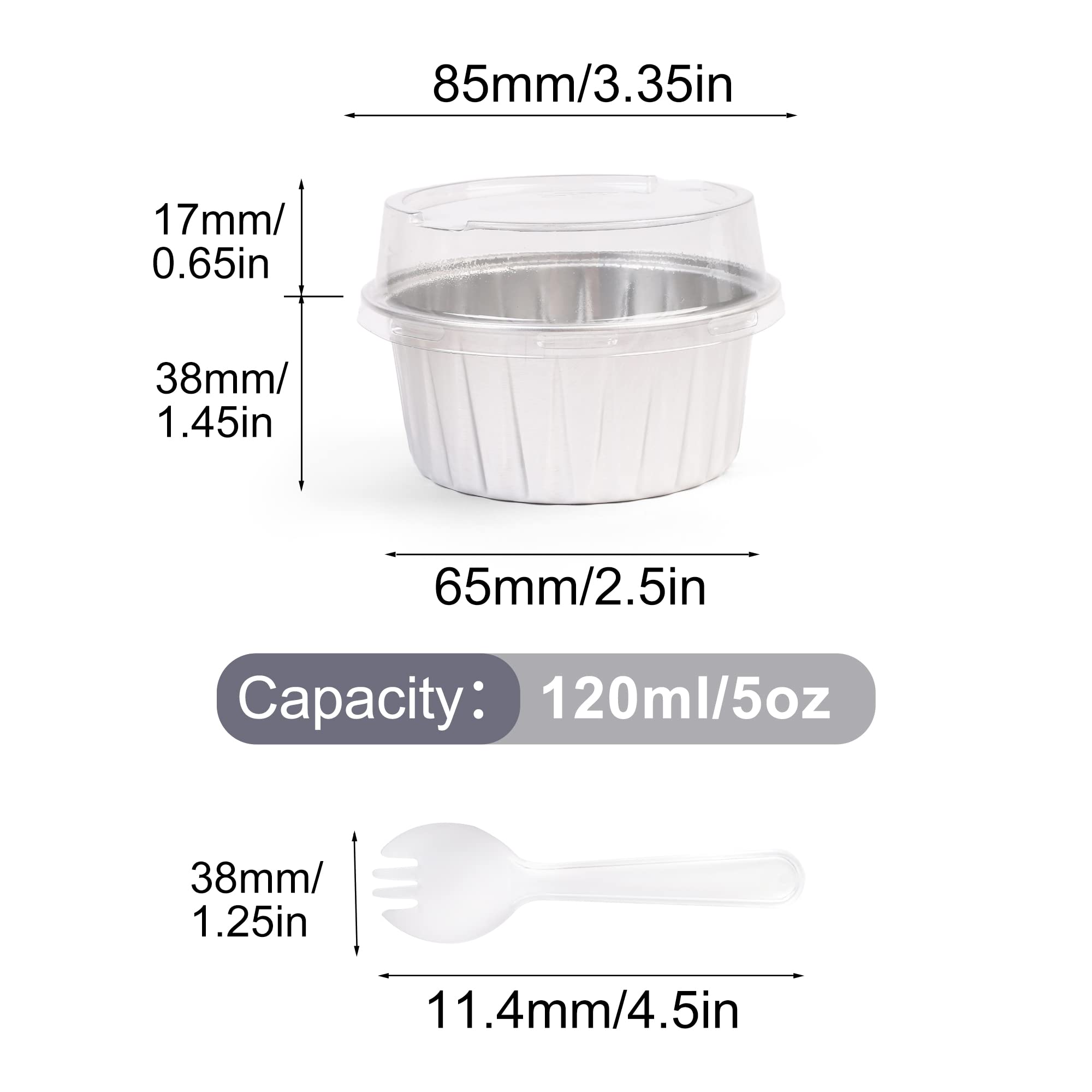 LotFancy Aluminum Foil Cupcake Baking Cups with Lids and Spoons, 5oz/125ml, 50 Pack Disposable Creme Brulee Ramekins, Oven Safe Mini Cake Tins Muffin Cups, Silver
