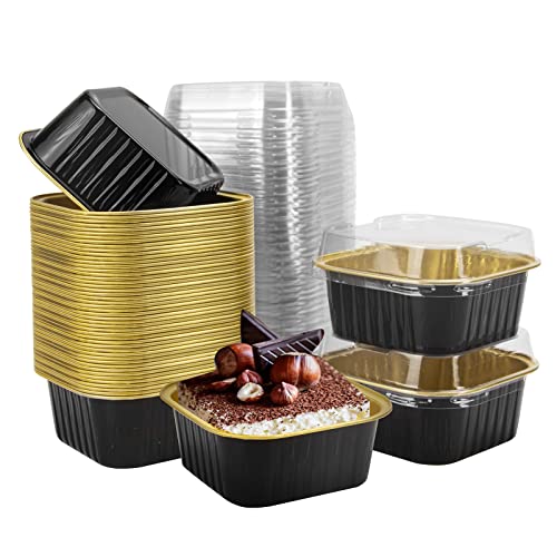 50 Pcs Mini Square Baking Cups with Lids,5oz Aluminum Foil Mini Cake Pans with Lids,Disposable Ramekins Cake Pans,150ml Dessert Cups Cupcake Pans for Wedding Birthday Party,Black Gold