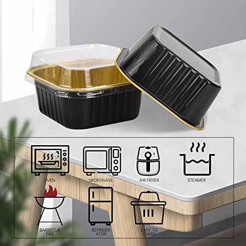 50 Pcs Mini Square Baking Cups with Lids,5oz Aluminum Foil Mini Cake Pans with Lids,Disposable Ramekins Cake Pans,150ml Dessert Cups Cupcake Pans for Wedding Birthday Party,Black Gold