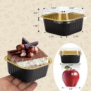 50 Pcs Mini Square Baking Cups with Lids,5oz Aluminum Foil Mini Cake Pans with Lids,Disposable Ramekins Cake Pans,150ml Dessert Cups Cupcake Pans for Wedding Birthday Party,Black Gold