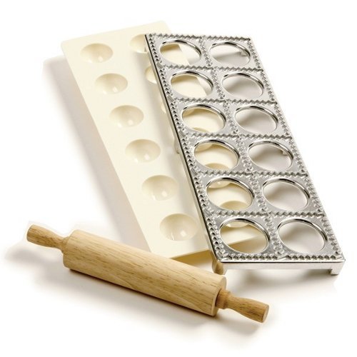 Norpro 3 Piece Ravioli Maker and Press Set with Rolling Pin, Large, White and silver