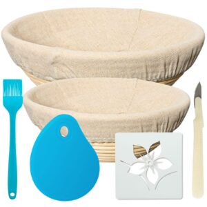 bread banneton proofing basket set | 9” & 10” round baking bowl kit for sourdough | includes dough scraper, bread lame, brotform cloth liner, basting brush (blue)