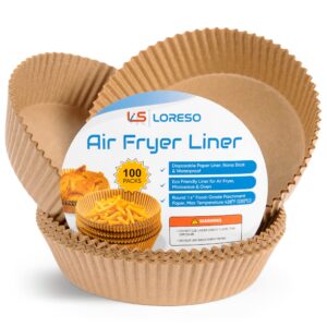 loreso air fryer paper liner, 100 count - parchment paper basket lining for 5-8 quart air fryer, non-stick cooking surface, microwaves and conventional oven safe (7.9" round - 100ct)