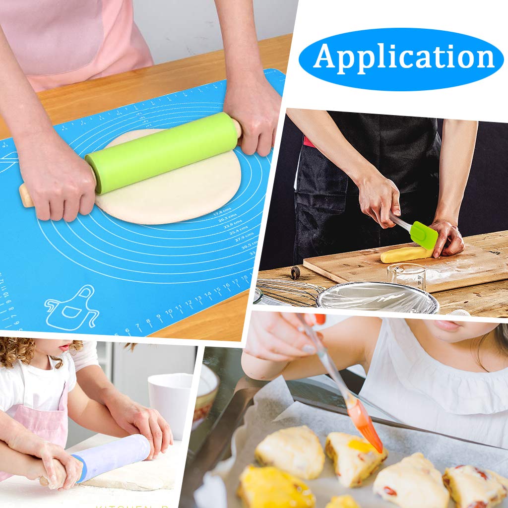 Ewinever 1Set Rolling Pin Pastry Mat Set Non-Stick 6 in 1 Dough Roller Baking Kit with Pastry Cutter Reusable Kneading Mat Scraper Basting Brush