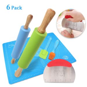 Ewinever 1Set Rolling Pin Pastry Mat Set Non-Stick 6 in 1 Dough Roller Baking Kit with Pastry Cutter Reusable Kneading Mat Scraper Basting Brush