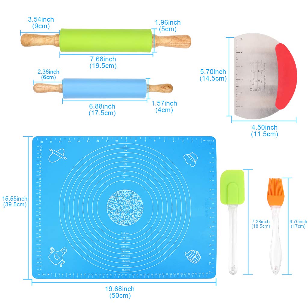 Ewinever 1Set Rolling Pin Pastry Mat Set Non-Stick 6 in 1 Dough Roller Baking Kit with Pastry Cutter Reusable Kneading Mat Scraper Basting Brush