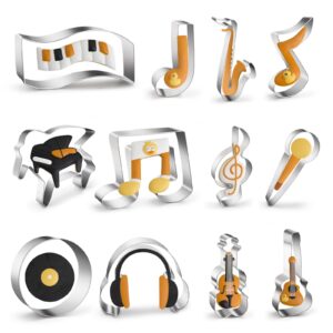 music note cookie cutters set of 12, metal music note fondant mold musical instruments mold, gclef eighth note quarter note piano violin guitar piano keyboard shapes biscuit molds for kids diy baking