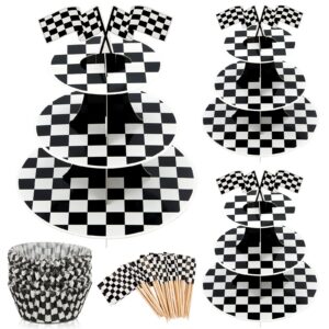 3 sets race car party decorations 3 tier round cardboard cupcake stand for racing cars birthday party supplies 100 checkered baking cups liners 100 race car flag black and white fast party decorations