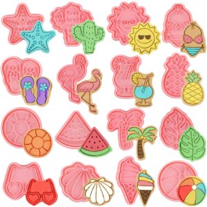 16 Pcs Summer Beach Cookie Cutters with Plunger Stamps Set Tropical Cookie Molds Beach Party Supplies Biscuit Fondant Cutters, Pineapple Flamingo Palm Tree Starfish Seashell Sunglasses Ice Cream