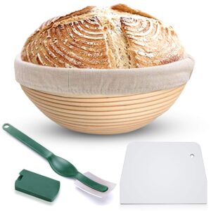 bread proofing banneton basket set - 9 inch round natural rattan bread basket, with linen liner cloth and sourdough bread scraper tool, ideal basket gift for professional or home bakers