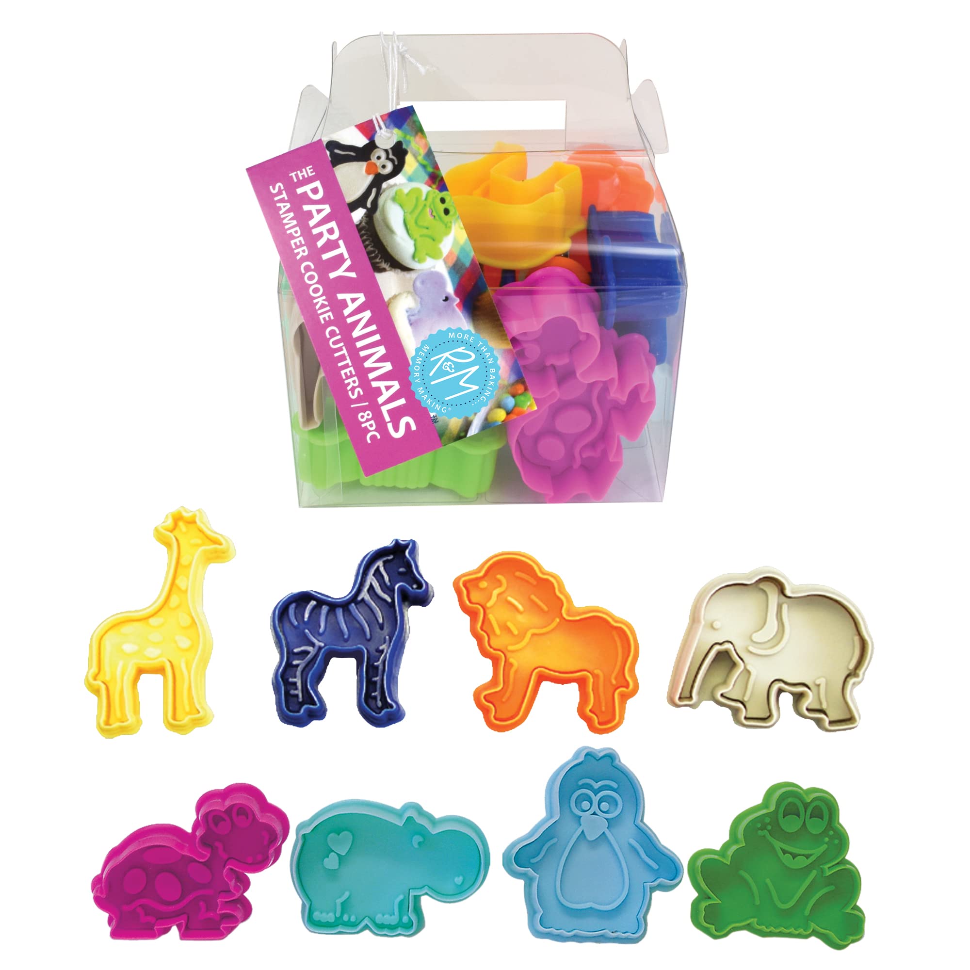 R&M International 0434 Party Animals Pastry, Cookie, and Fondant Stamper, Standard 2" (8-Piece Set), Assorted Colors