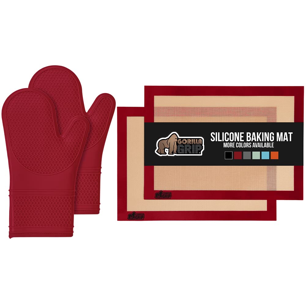 Gorilla Grip Silicone Oven Mitts Set of 2 and Silicone Baking Mats Set of 2, Silicone Oven Mitts are 14.5 Inch, Quarter Sheet Silicone Baking Mats, Both in Red Color, 2 Item Bundle