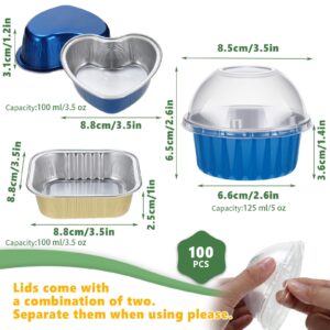 100 Pack 3 Shapes Baking Cups with Lids Aluminum Foil Baking Cups Cupcake Liners Mini Muffin Liners with Lids Cheesecakes Liners Cups for Christmas Muffin Birthday Baby Shower Wedding Party (Colorful)