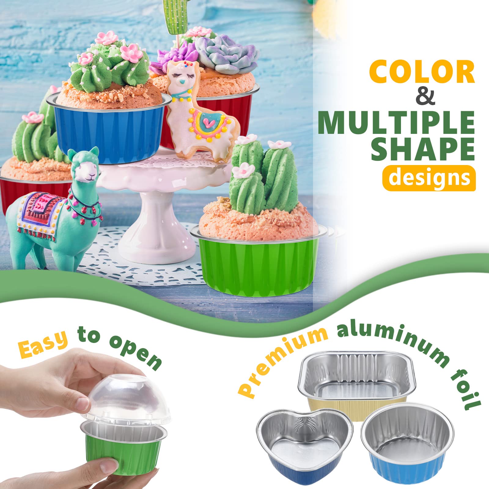 100 Pack 3 Shapes Baking Cups with Lids Aluminum Foil Baking Cups Cupcake Liners Mini Muffin Liners with Lids Cheesecakes Liners Cups for Christmas Muffin Birthday Baby Shower Wedding Party (Colorful)