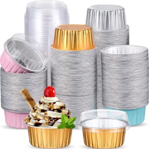 thenshop 200 pcs mini aluminum pans with lids, 5 oz foil cupcake liners disposable creme brulee ramekins dessert custard cup cake pie pans container cheesecake muffin tins for wedding birthday party