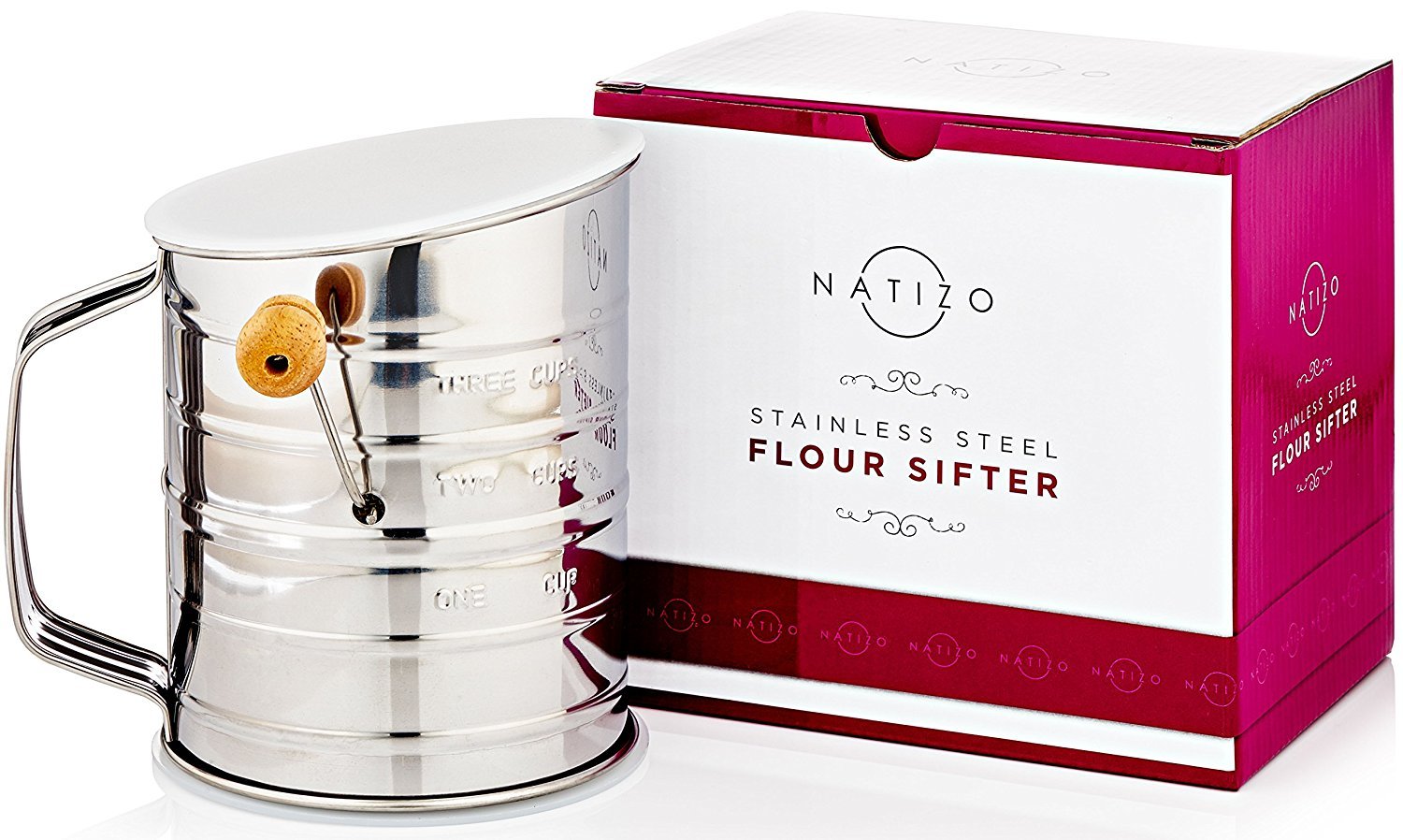 Natizo Stainless Steel 3-Cup Flour Sifter - Lid and Bottom Cover - No More Mess In Your Kitchen