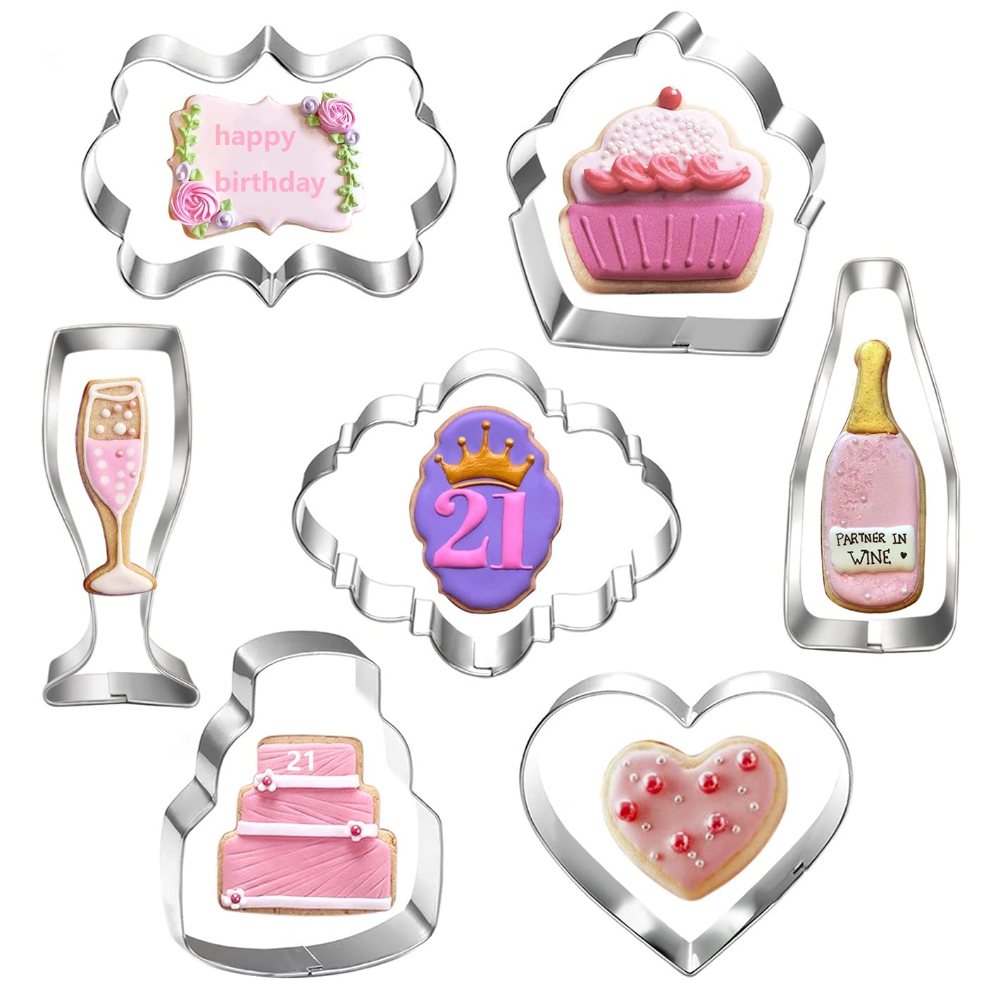 LUBTOSMN Celebration Cookie Cutter Set-7 Piece-Cake, Heart, Cupcake, Champagne, Wine Bottle, Plaque Cookie Cutter Mold for Birthday Wedding Anniversay Bridal Shower Engagement Cookie Cutters