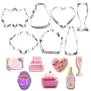 LUBTOSMN Celebration Cookie Cutter Set-7 Piece-Cake, Heart, Cupcake, Champagne, Wine Bottle, Plaque Cookie Cutter Mold for Birthday Wedding Anniversay Bridal Shower Engagement Cookie Cutters