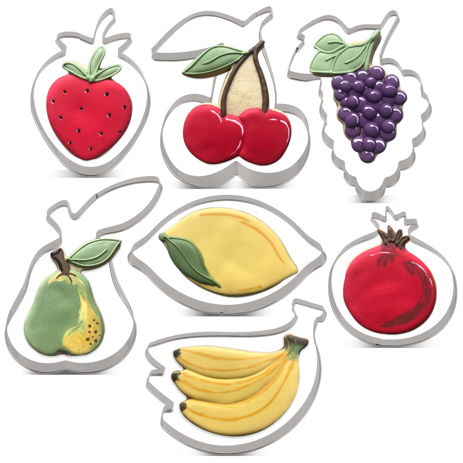 LILIAO Fruit Cookie Cutter Set - 7 Piece - Strawberry, Pear, Lemon, Grape, Pomegranate, Cherry and Banana Biscuit Fondant Cutters - Stainless Steel