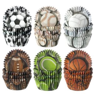 600 pieces sports theme party cupcake liners basketball football volleyball baseball rugby tennis baking cups cupcake wrappers muffin case trays for sports theme party decorations